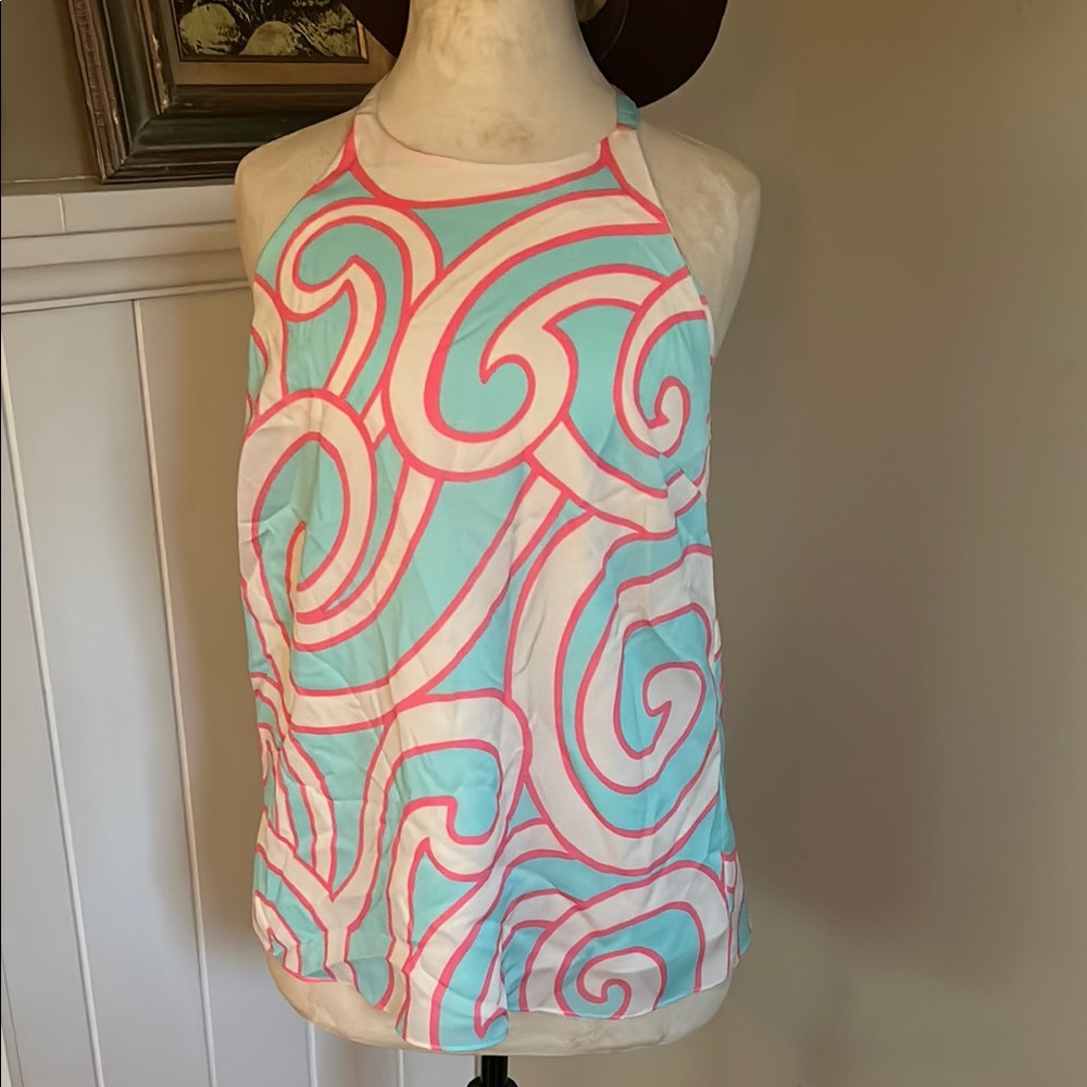 Julie Brown NYC Stylish Pink and Blue Swirl Women's Top GREAT Detail. NWT